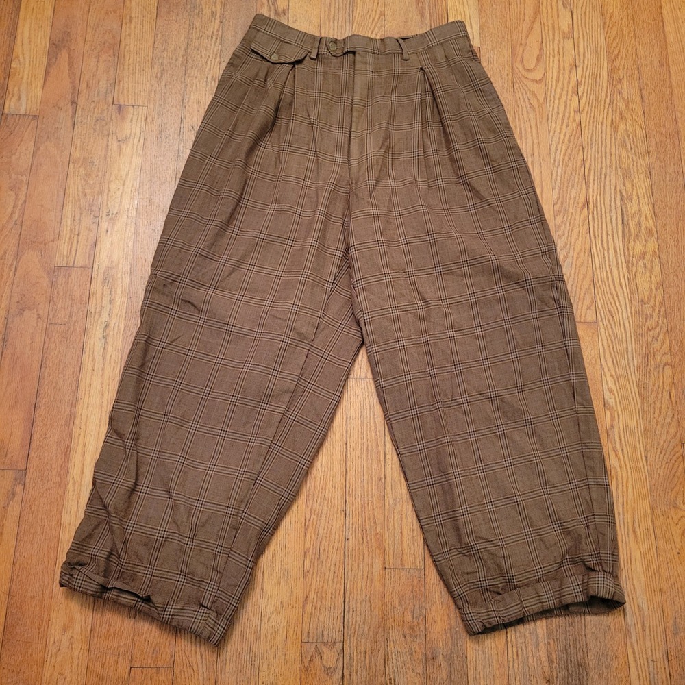 Tayion 32.5x27 Tweed Pants Brown Plaid Pleated Wide Leg Trousers Detective